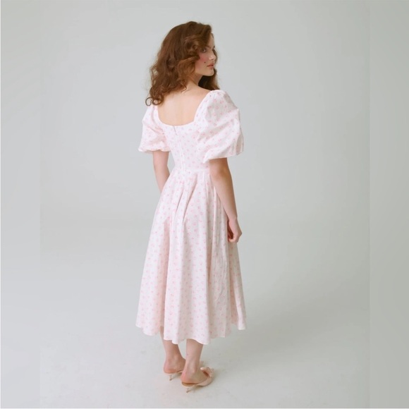 Selkie Parfait Poet Pink White Floral Midi Day Dress Puff Sleeves XXS - Picture 3 of 15